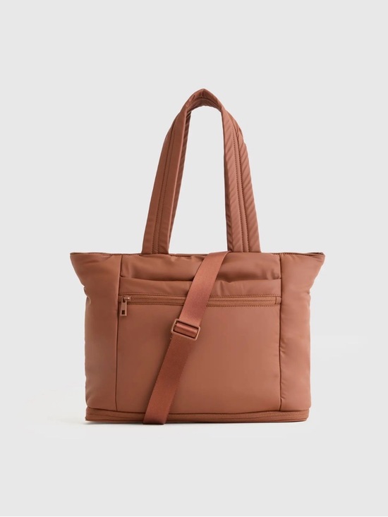 Quince Handbags - Quince Water Repellent Puff Expandable Tote with luggage sleeve in brown